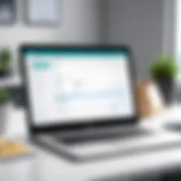A modern office workspace with payroll software on a laptop screen