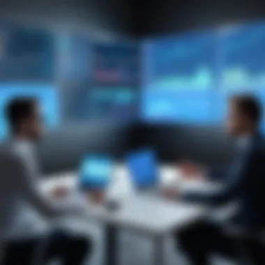 Business Discussion on Trading Platform Options A professional discussing trading platform options during a meeting