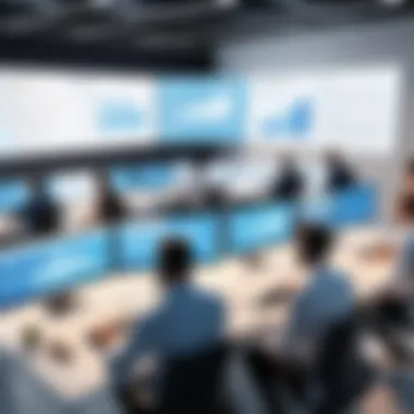 Engaging Online Training Experience A modern office environment showcasing employees engaged in online training sessions.