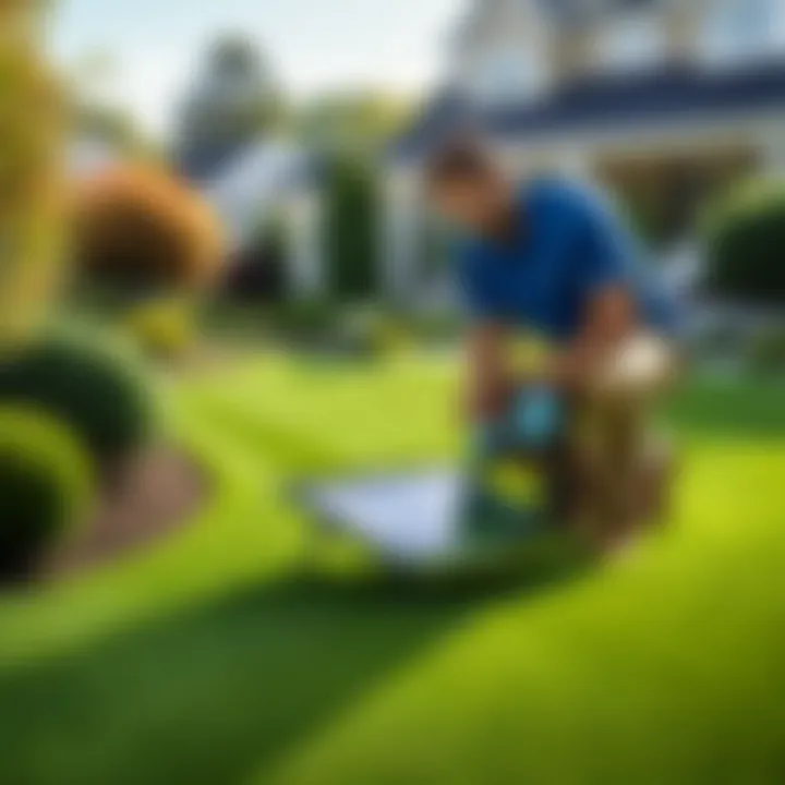 Professional landscaper using routing software on tablet