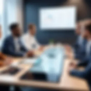 A business team discussing reservation strategies around a conference table.