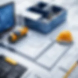 Architectural blueprint overlaid with digital project management tools