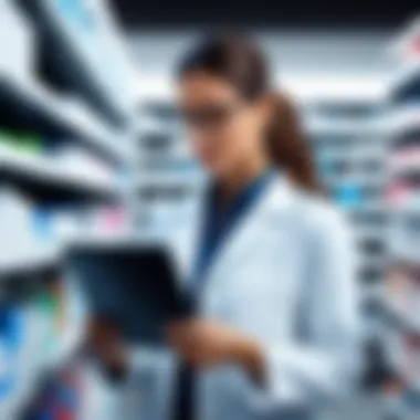 A pharmacist utilizing software to manage inventory.