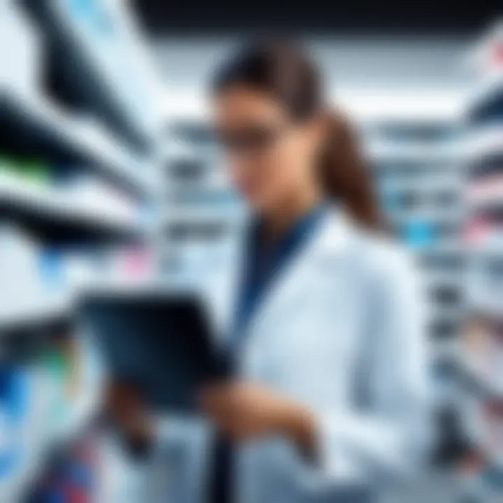 A pharmacist utilizing software to manage inventory.