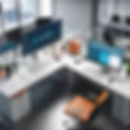 A modern office environment showcasing professionals using grammar checker tools on their devices