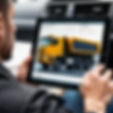 User-Friendly Software Interface A user interacting with a dump truck dispatching software interface on a tablet